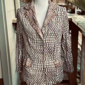Alberto Makali Pastel Crinkle Metallic Knit Blazer Beaded Trim Size XL
